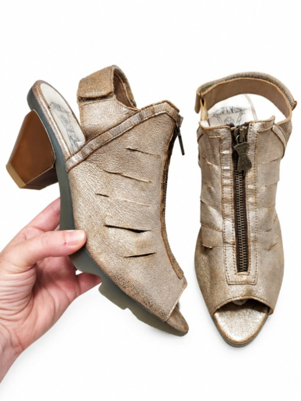FLY LONDON Metallic Gold Leather Peep Toe Heeled Sandals 40EU 8.5US Zip Front